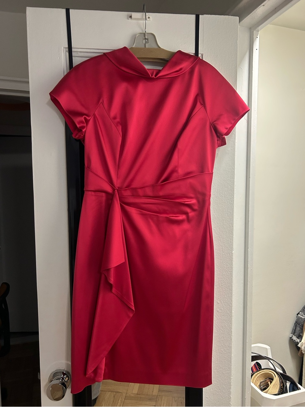 Teri Jon. Elegant Red Satin Sheath Dress with Draped Waist